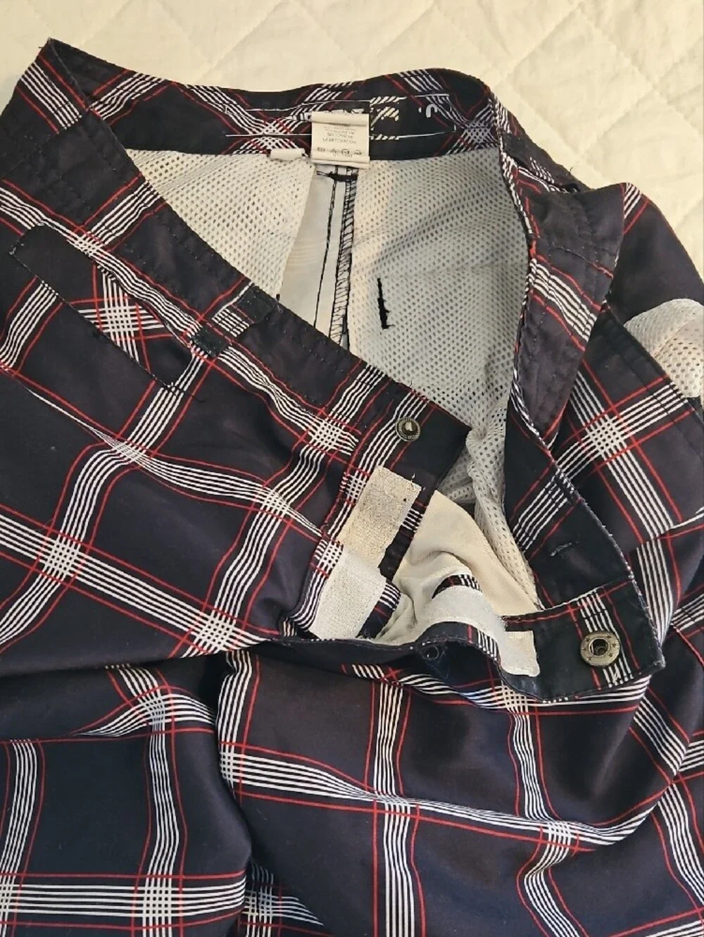 Black Plaid Boy's Swim Shorts with Red and White Windowpane